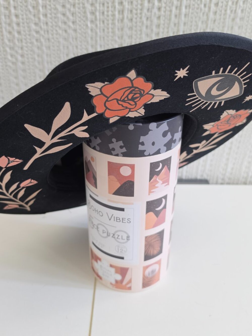 Black Wide Brim Western Hat Floral Celestial Under Brim Buckle Boho Cowboy Hat - Picture 2 of 12